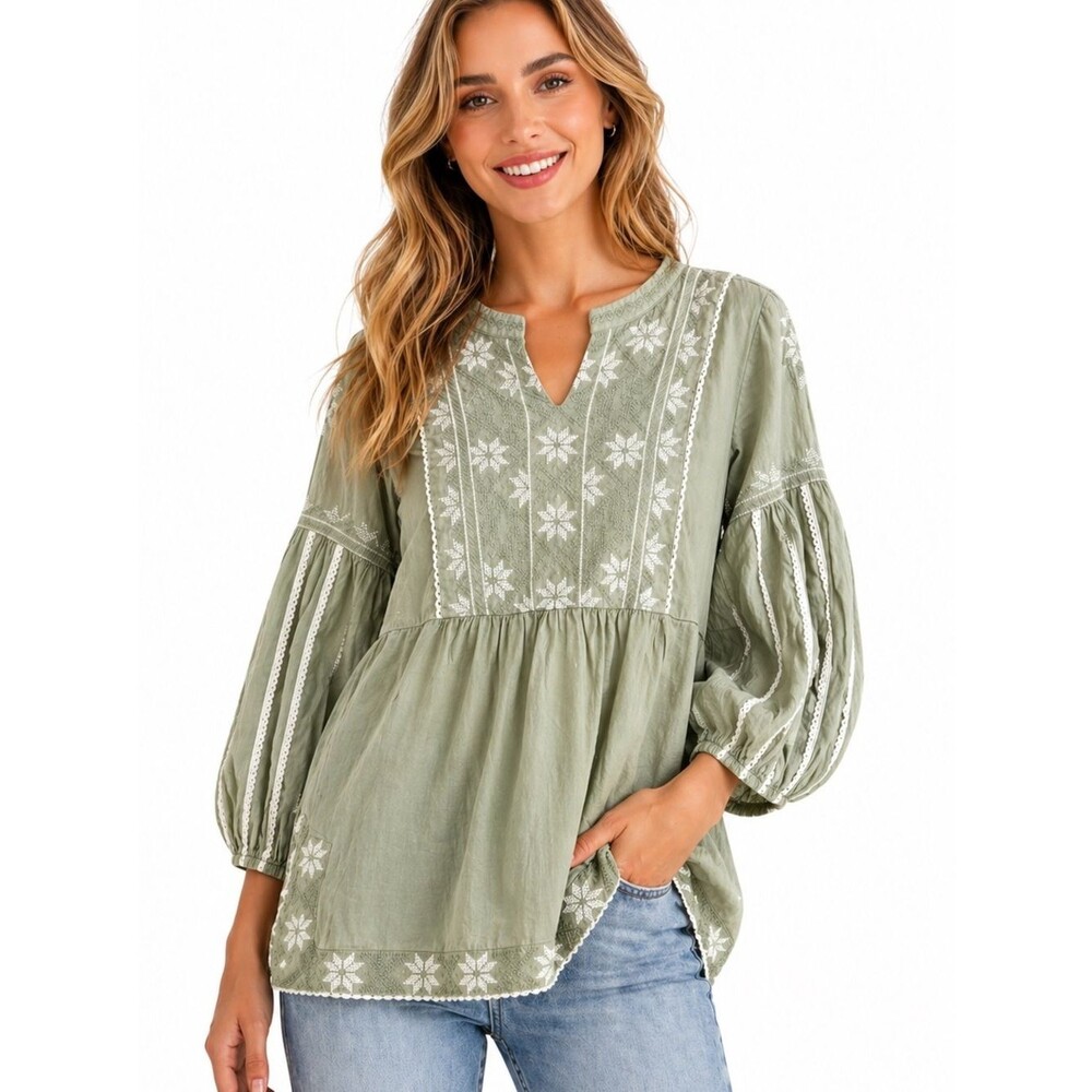 MUKUL 100% Cotton cross-stitch embroidered Sage Green Oversized Boho small